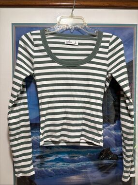 Hollister Green & White Striped Long Sleeve Scoop Neck Top